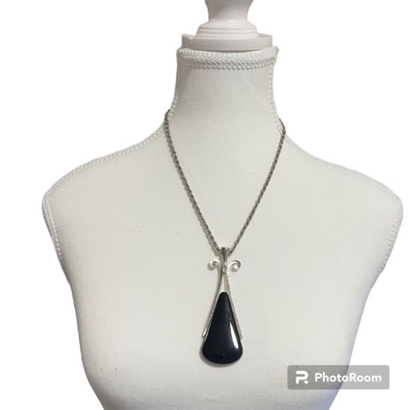 VINTAGE Avon Black Silver Chrome Art Deco Pendant Rope Chain 26" Necklace - Picture 1 of 7